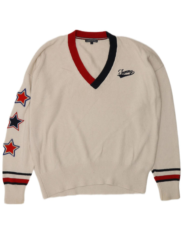 Tommy Hilfiger Herren-Pullover mit grafischem V-Ausschnitt, XL, weiß gestreift, Baumwolle