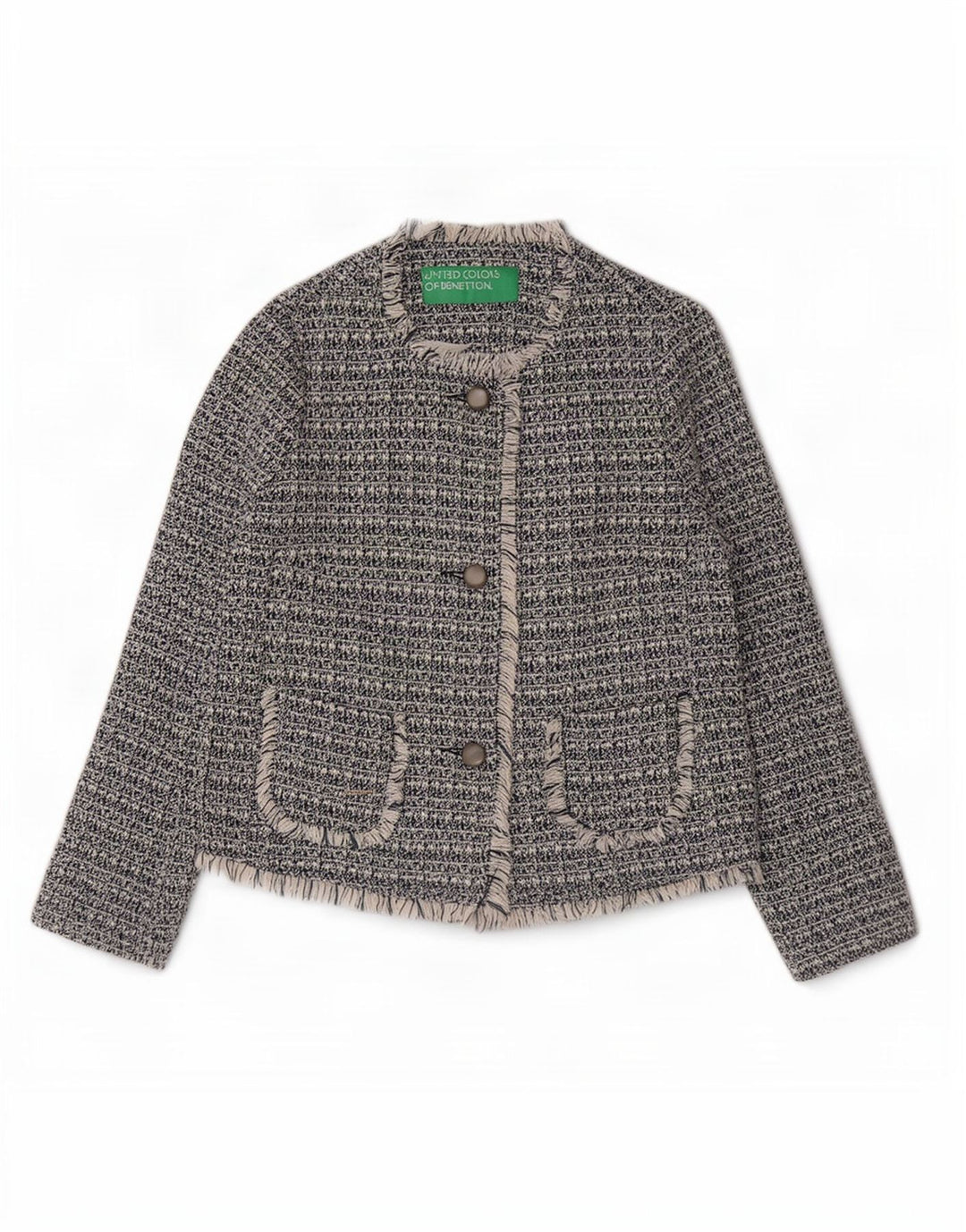 Benetton Damen-Blazer mit 3 Knöpfen, Gr. 8, Marineblau, gesprenkelte Baumwolle
