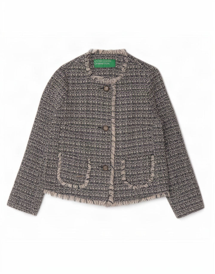 Benetton Damen-Blazer mit 3 Knöpfen, Gr. 8, Marineblau, gesprenkelte Baumwolle
