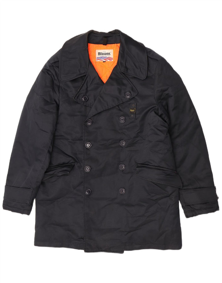 Blauer Zweireihiger Herrenmantel UK 40, Größe L, Marineblau, Polyester