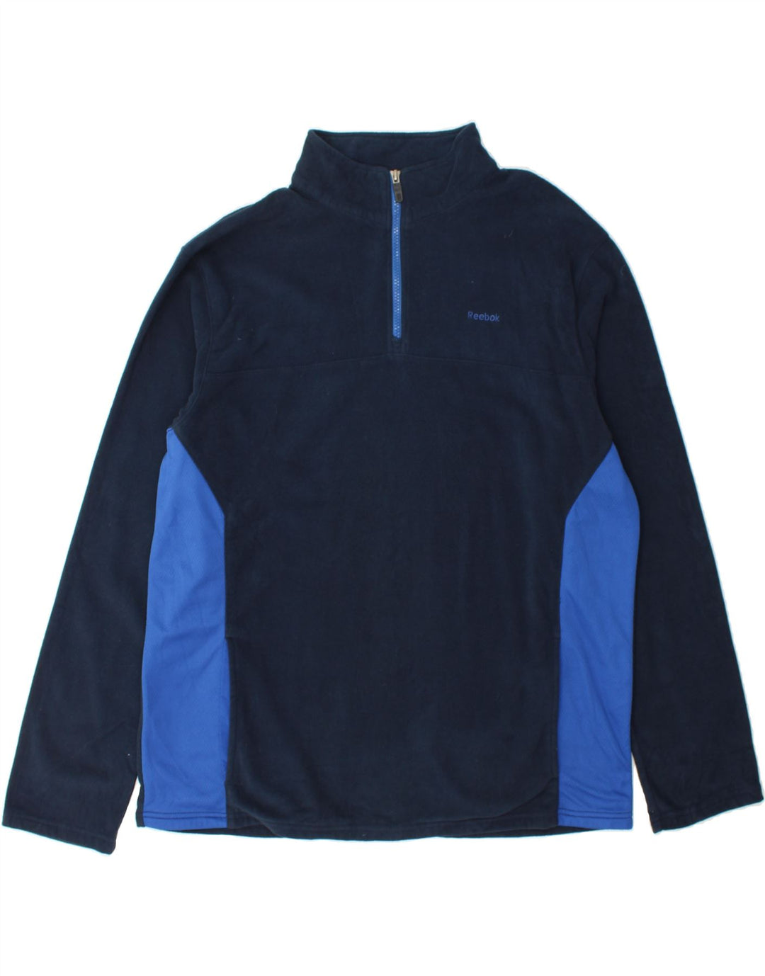 REEBOK Mens Zip Neck Fleece Jumper XL Navy Blue Colourblock Polyester Vintage Reebok and Second-Hand Reebok from Messina Hembry 