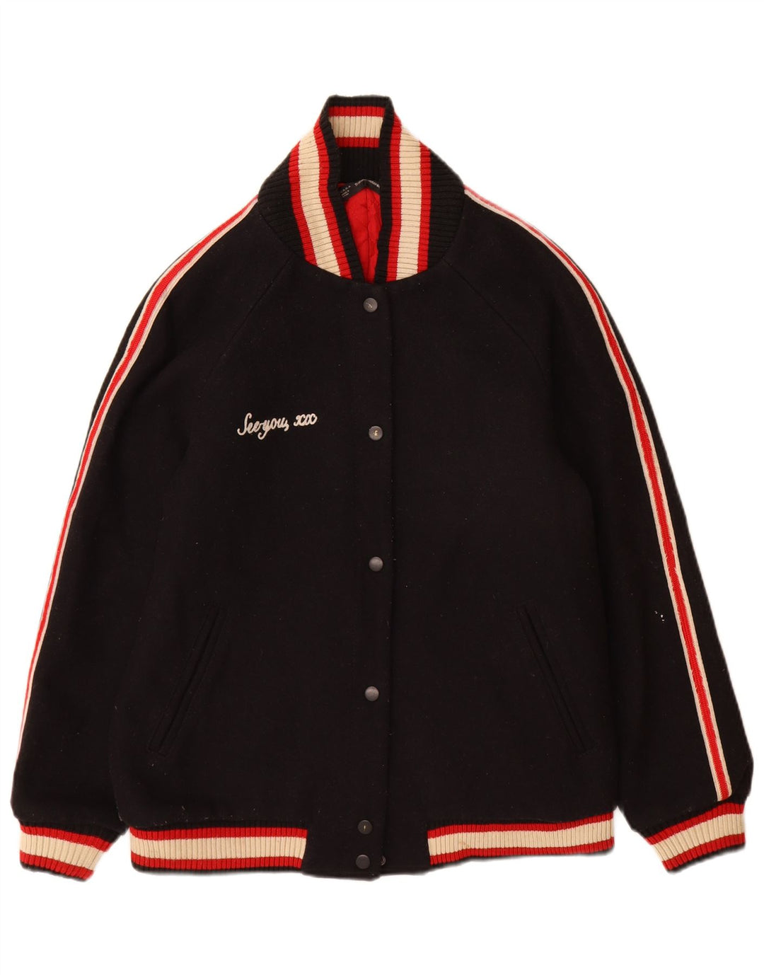 Zara Damen Trafaluc Graphic Varsity Jacke UK 16 Large Schwarz Colourblock