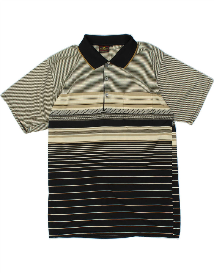 VINTAGE Herren-Poloshirt aus mittelgrau gestreiftem Polyester