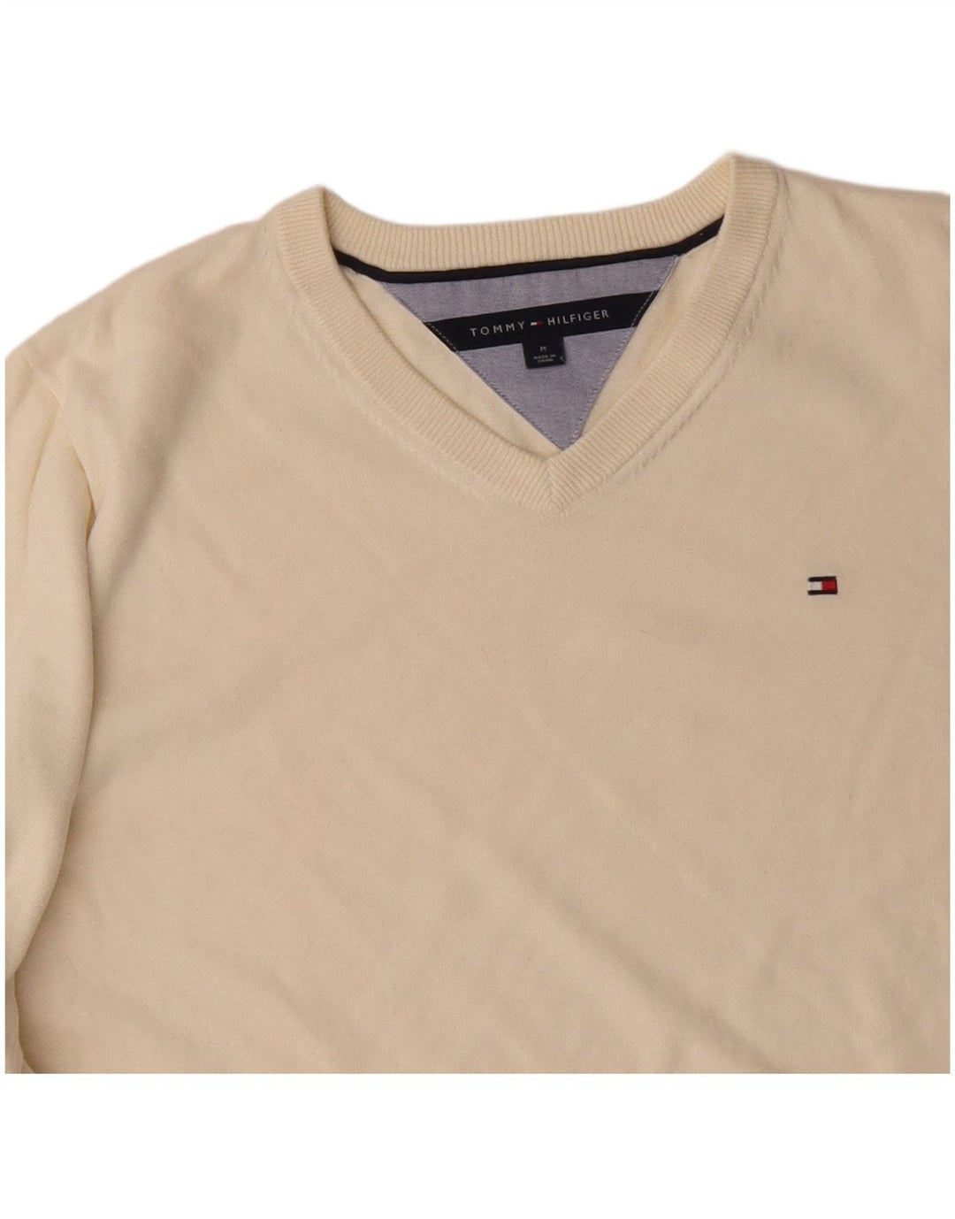 TOMMY HILFIGER Herren-Pullover mit V-Ausschnitt, mittlere, cremefarbene Baumwolle
