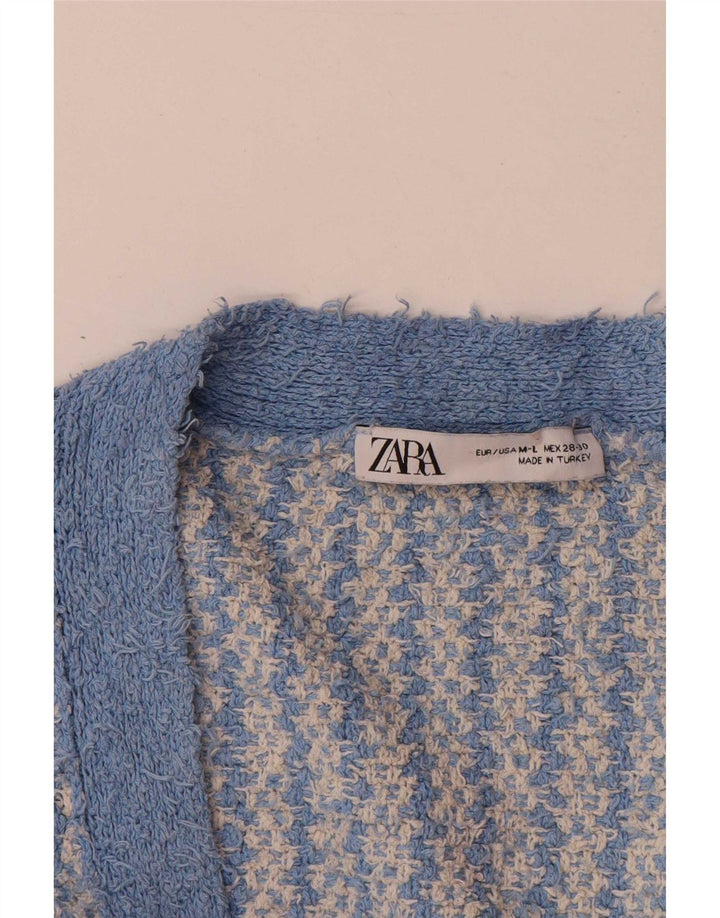 Zara Damen-Strickjacke in Übergröße, Gr. 14, mittelblaue geometrische Baumwolle