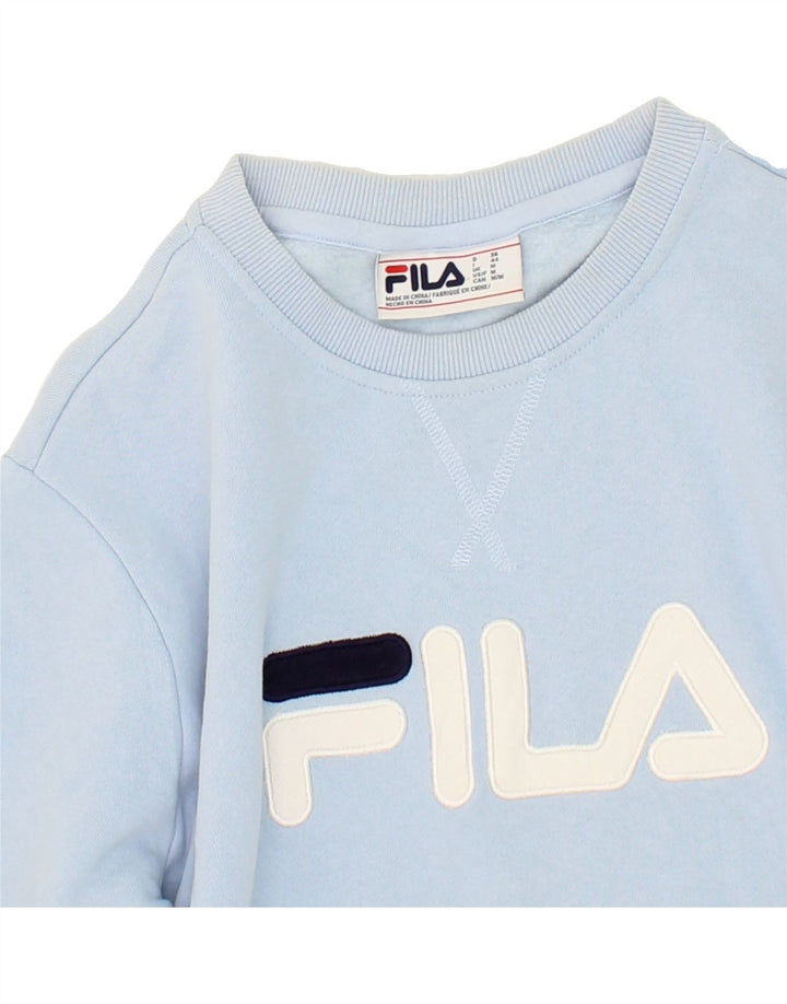 FILA Womens Graphic Sweatshirt Jumper UK 14 Medium Blue Colourblock Cotton Vintage Fila and Second-Hand Fila from Messina Hembry 