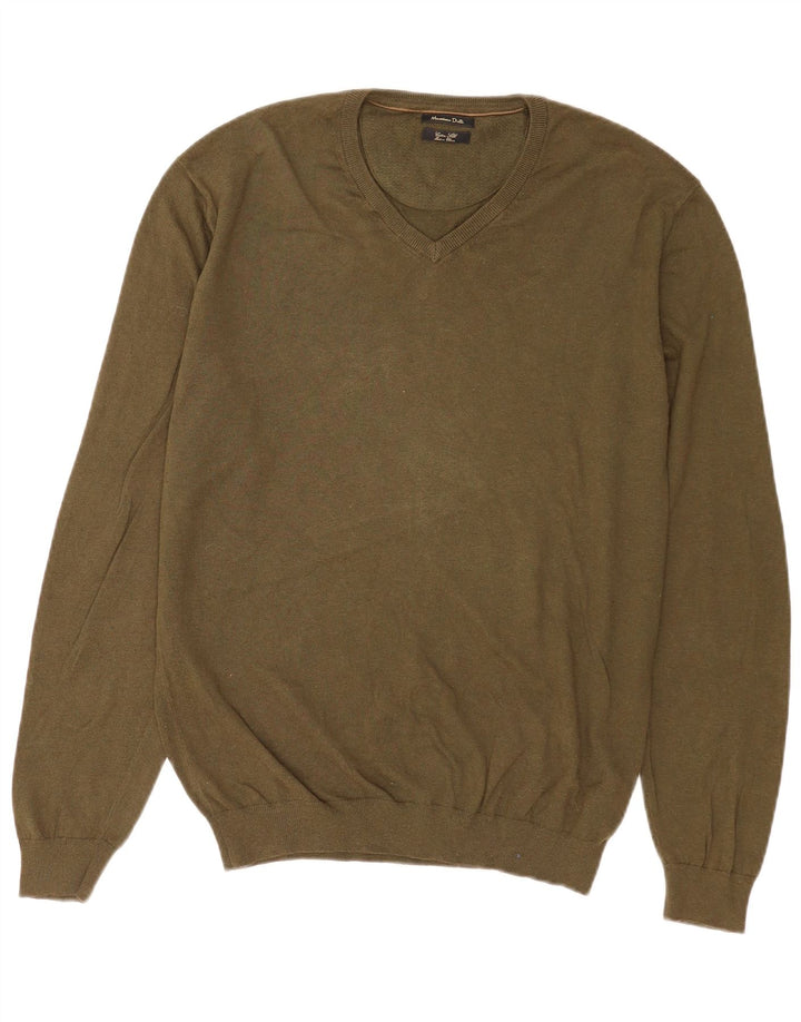 Massimo Dutti Herren-Pullover mit V-Ausschnitt, XL, Khaki, Baumwolle