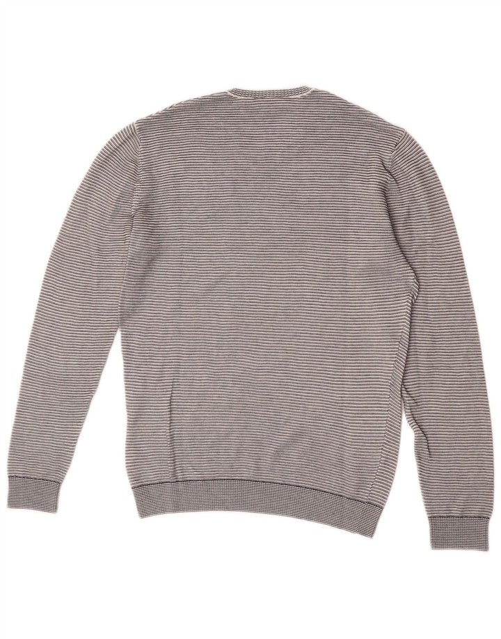 Lacoste Herren-Pullover mit Rundhalsausschnitt, Größe 3, klein, grau gestreift, Baumwolle