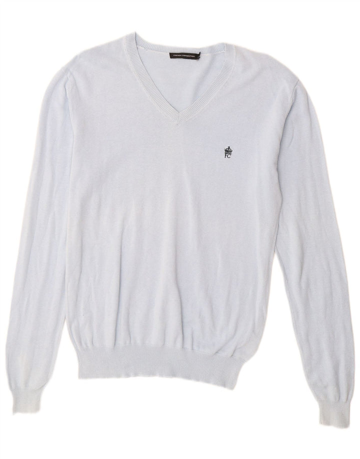 French Connection Damen-Pullover mit V-Ausschnitt, UK 14, mittelblaue Baumwolle
