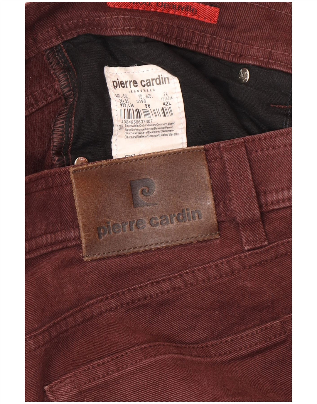 PIERRE CARDIN Herren Straight Jeans W33 L34 Kastanienbraune Baumwolle