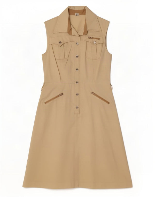 Vintage Damen Ärmelloses A-Linien-Kleid UK 12 Medium Beige Polyester