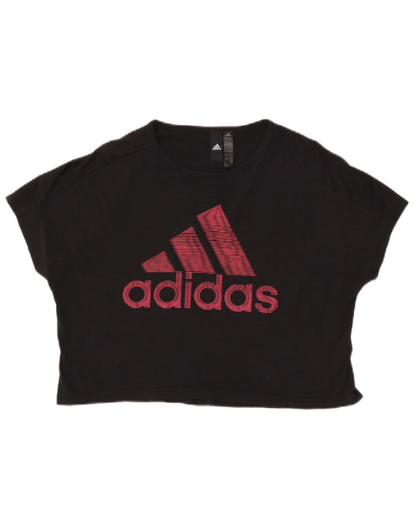 ADIDAS Damen Crop Graphic T-Shirt Top UK 12/14 Mittelschwarze Baumwolle
