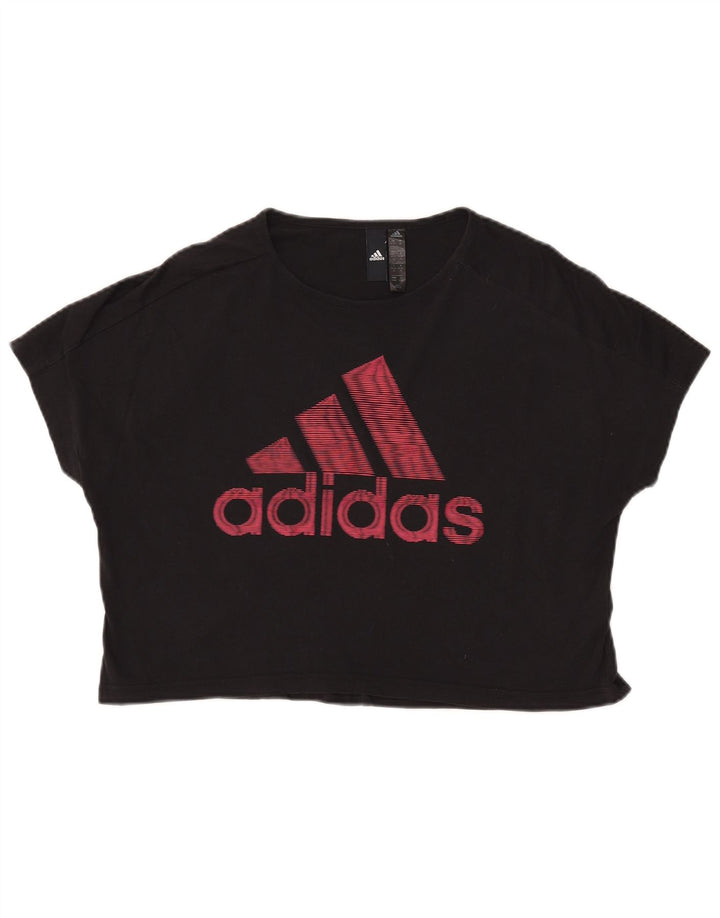 ADIDAS Damen Crop Graphic T-Shirt Top UK 12/14 Mittelschwarze Baumwolle