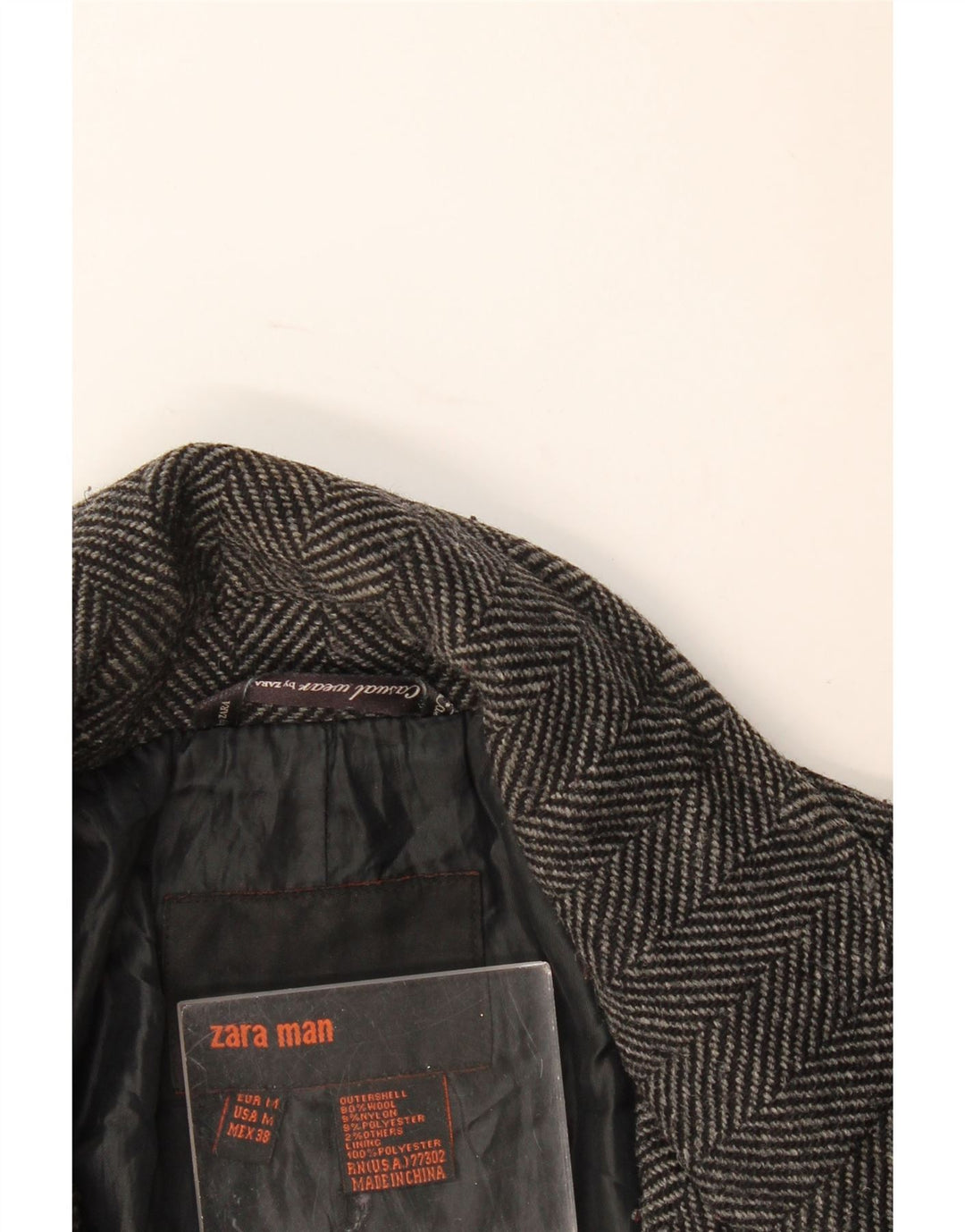 Zara Herrenmantel UK 38 Mittelgraue Herringbone-Wolle