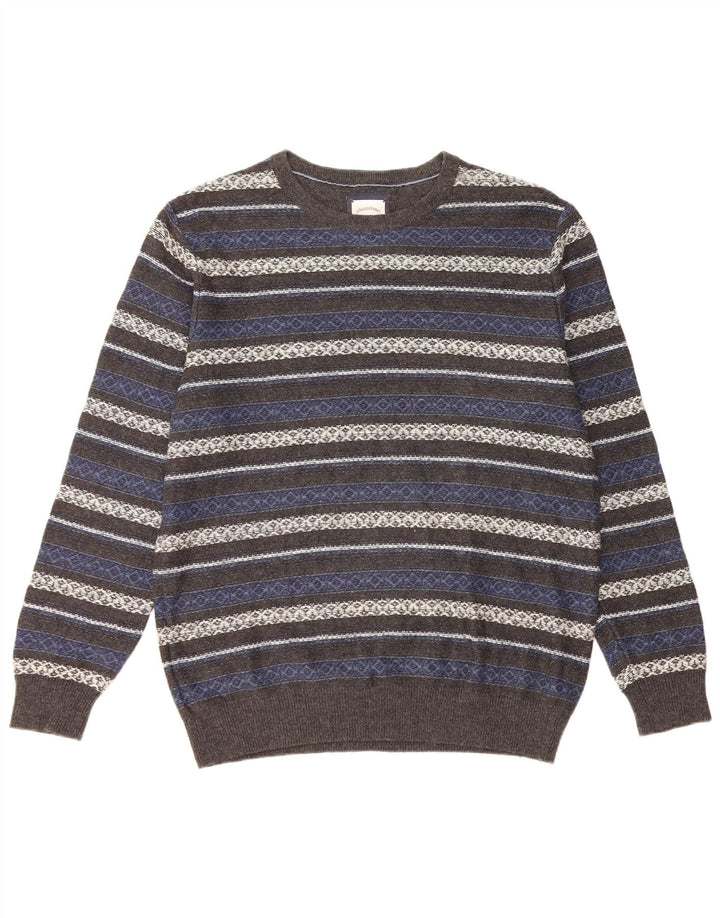 Vintage Herren-Pullover mit Rundhalsausschnitt, mittelgrau, gestreift, Baumwolle