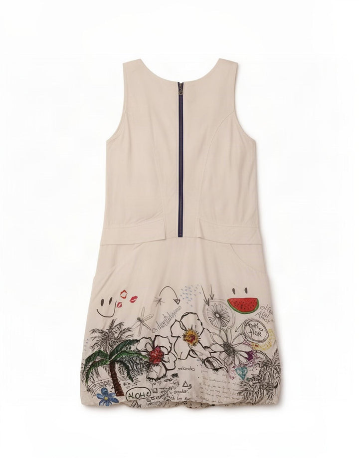 Desigual Damen Ärmelloses Sommerkleid EU 40 Mittelweiße Viskose mit Blumenmuster