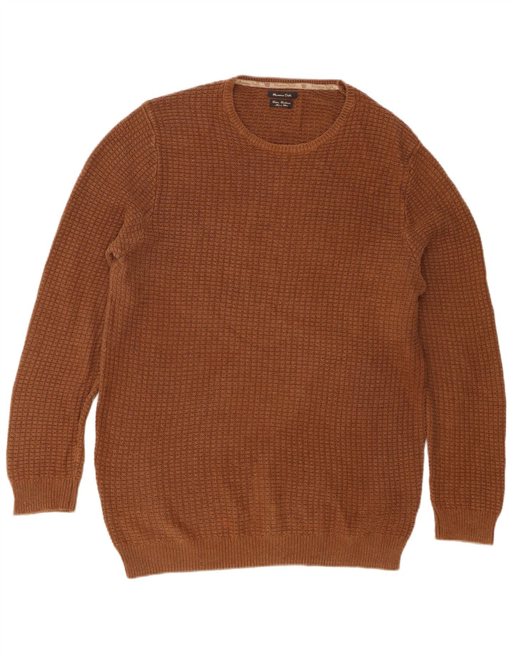 Massimo Dutti Herren-Pullover mit Rundhalsausschnitt, groß, braune Baumwolle