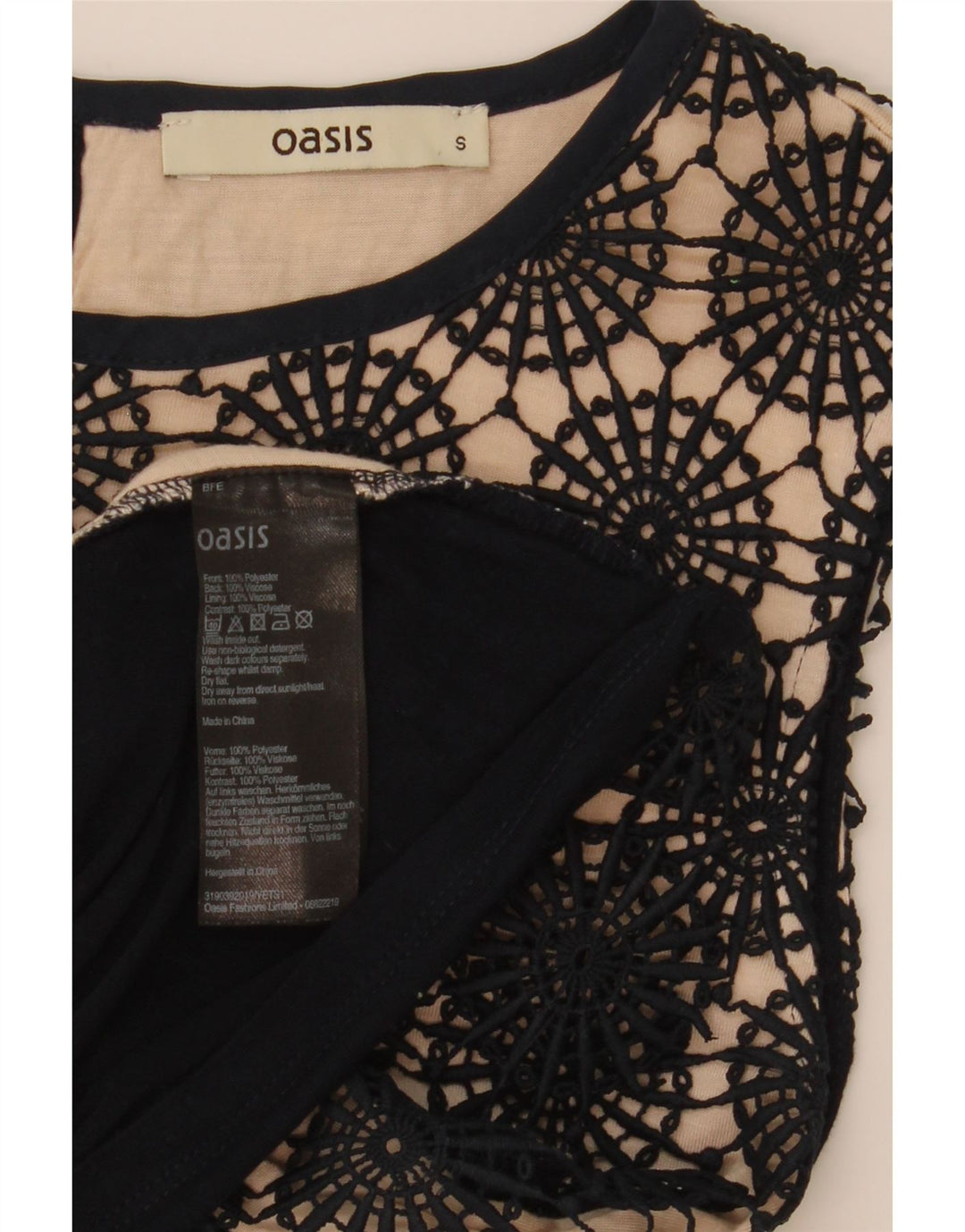 Ärmelloses Spitzenblusenoberteil für Damen von Oasis, Größe S, Schwarz, Geometrisch