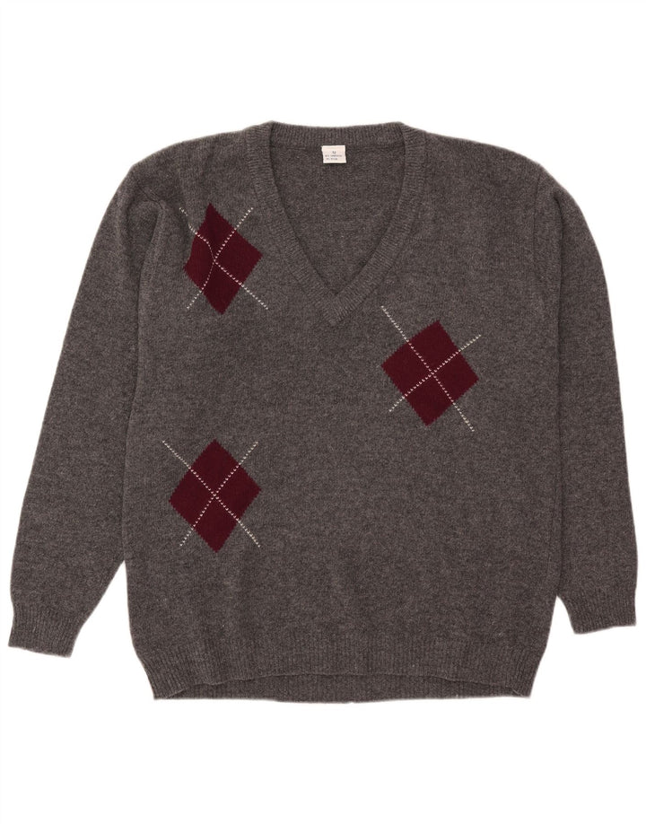 Vintage Herren Pullover mit V-Ausschnitt IT 52 Groß Grau Argyle/Diamant