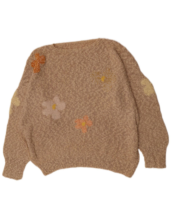 Vintage Damen Pullover mit entspannter Passform und U-Boot-Ausschnitt, UK 20 2XL, Beige geblümt
