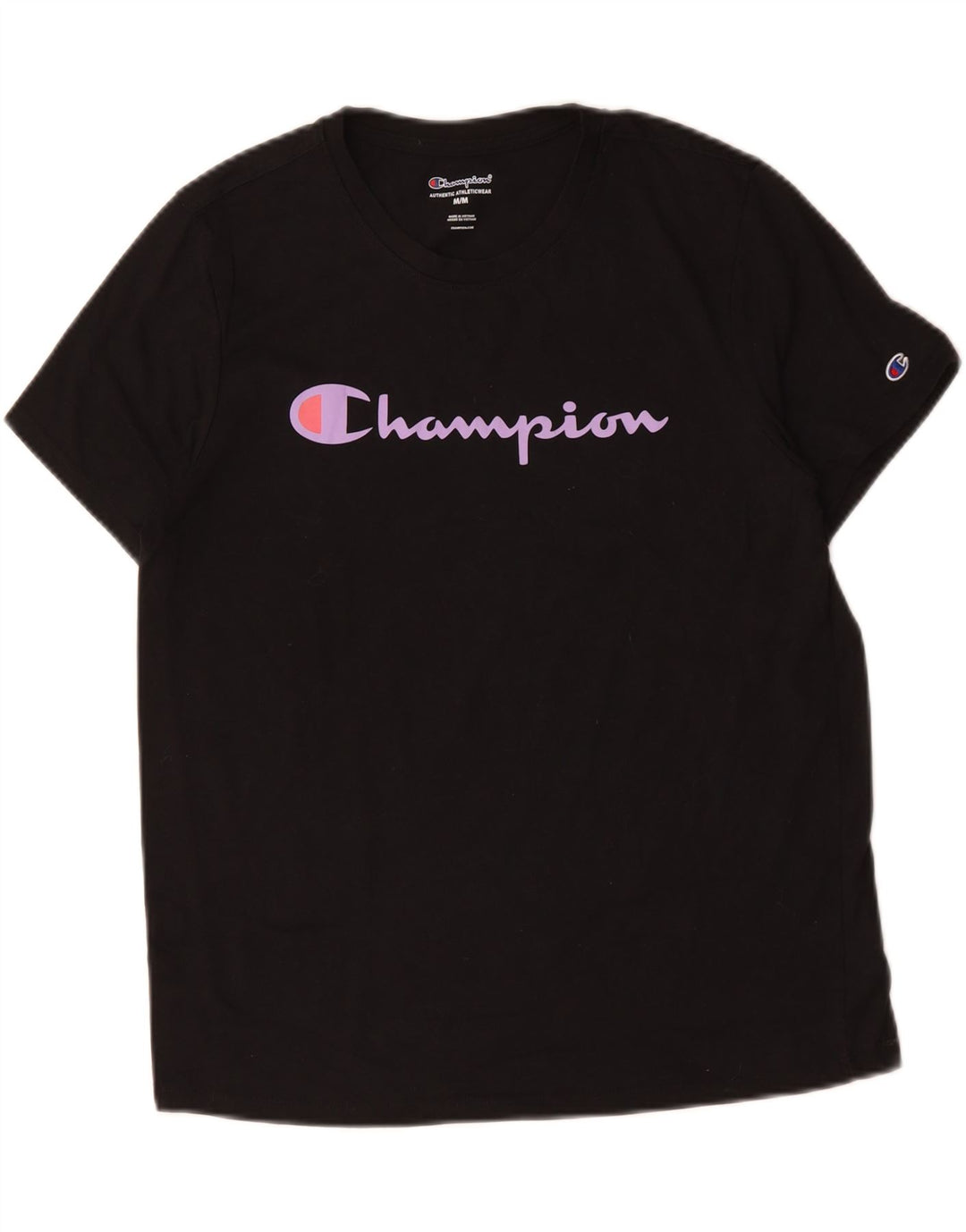 CHAMPION Damen Grafik-T-Shirt-Oberteil UK 14 Mittelschwarze Baumwolle