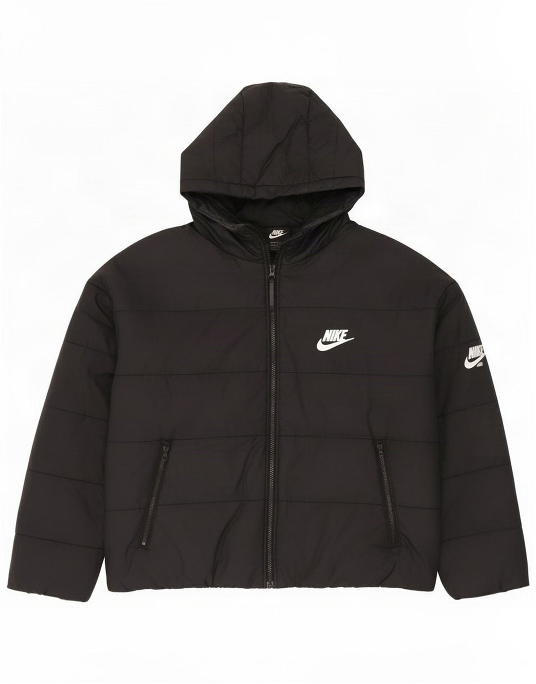 Nike Damen-Übergröße, gepolsterte Grafikjacke mit Kapuze, UK 16, Größe L, Schwarz