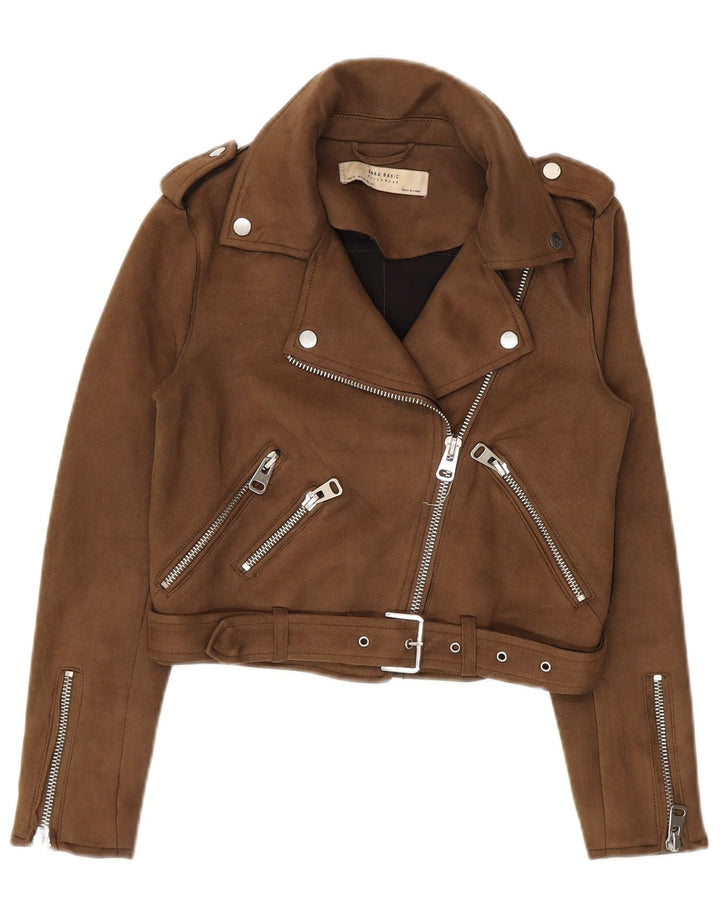 Zara Damen Crop Bikerjacke UK 6 XS Braun