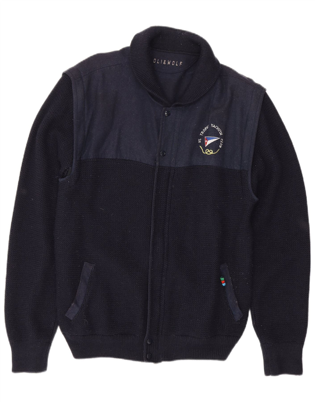 Loli Wolf Herren-Yachting-Cardigan-Pullover, mittlere marineblaue Colourblock-Wolle