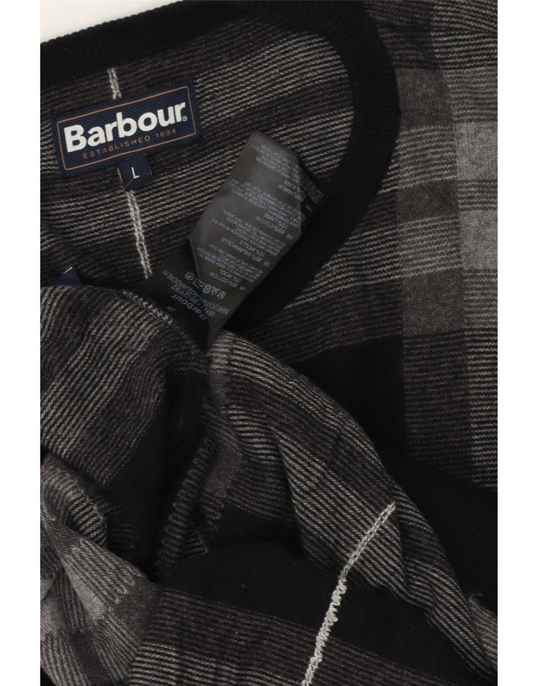 Barbour Herren-Pullover mit U-Boot-Ausschnitt, groß, grau kariert, Baumwolle