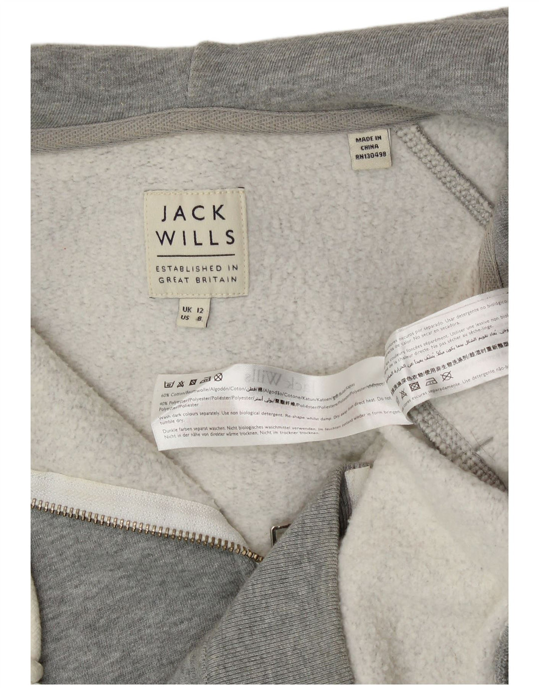 Jack Wills Damen-Kapuzenpullover mit grafischem Reißverschluss, UK 12, mittelgraue Baumwolle