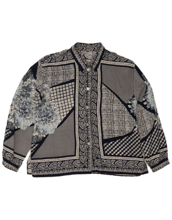 Vintage Damen Hemdbluse UK 14 Großes marineblaues Patchwork