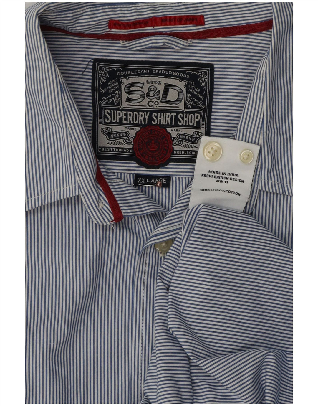 Superdry Herren-Hemd 2XL aus blauer Nadelstreifen-Baumwolle