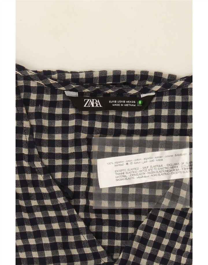 Zara Damen Langarm-Basic-Kleid UK 10 Small Marineblau Gingham Baumwolle