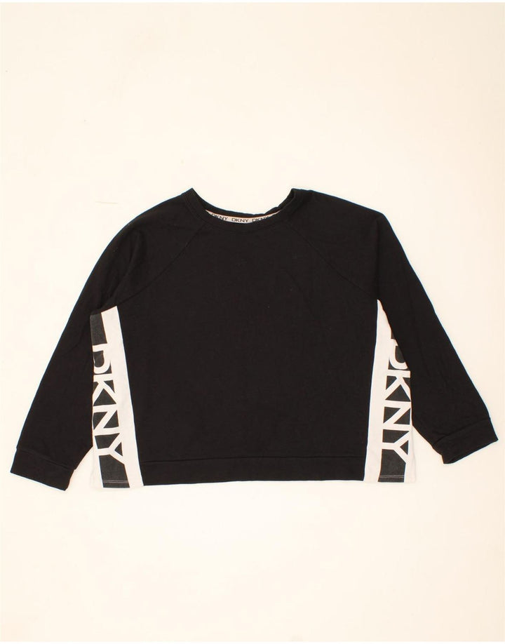 DKNY Womens Crop Graphic Sweatshirt Jumper UK 14 Medium Black Colourblock Vintage Dkny and Second-Hand Dkny from Messina Hembry 