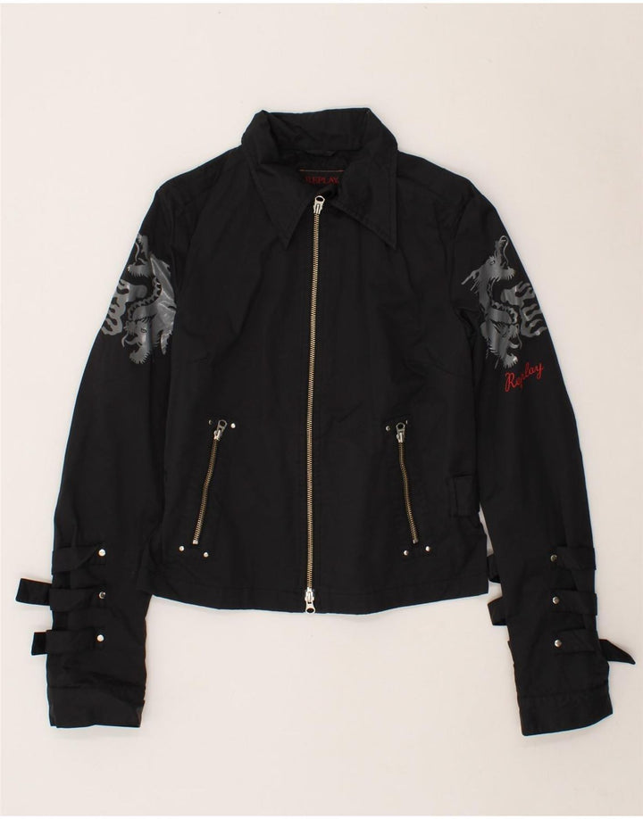 REPLAY Damen Bomberjacke mit Grafik, UK 14, Größe L, Schwarz, Baumwolle
