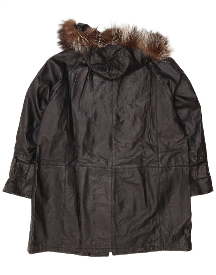 Vintage Damen Kapuzen-Übergroßer Ledermantel IT 48 XL Schwarzes Leder