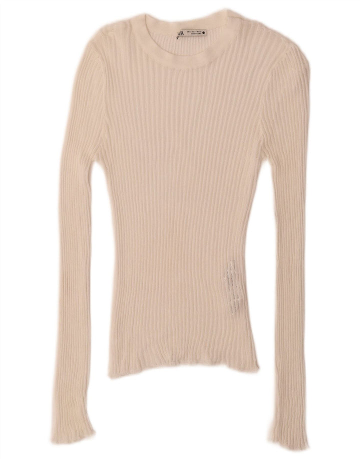 Zara Damen Top Langarm UK 8 Small Weiße Viskose