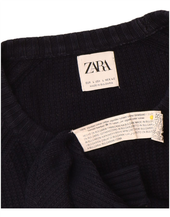 Zara Herren-Pullover mit Rundhalsausschnitt, groß, marineblaue Baumwolle