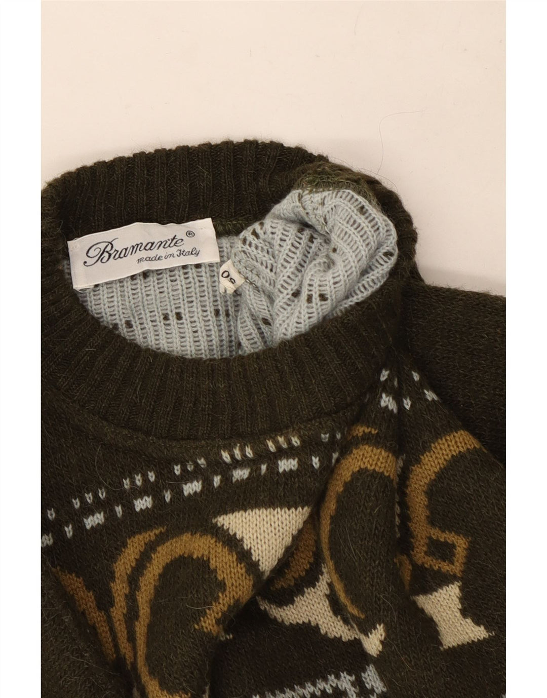 Bramante Herren-Pullover mit Rundhalsausschnitt, IT 50, mittlere Khaki-geometrische Wolle