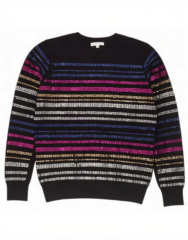 Warehouse Womens Crew Neck Jumper Sweater UK 10 Small Black Striped Viscose