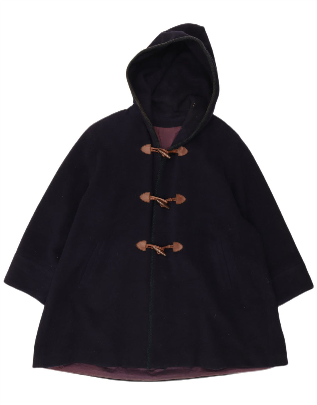 Vintage Damen Kapuzen-Übergröße-Dufflecoat IT 42 Mittelmarineblaue Wolle