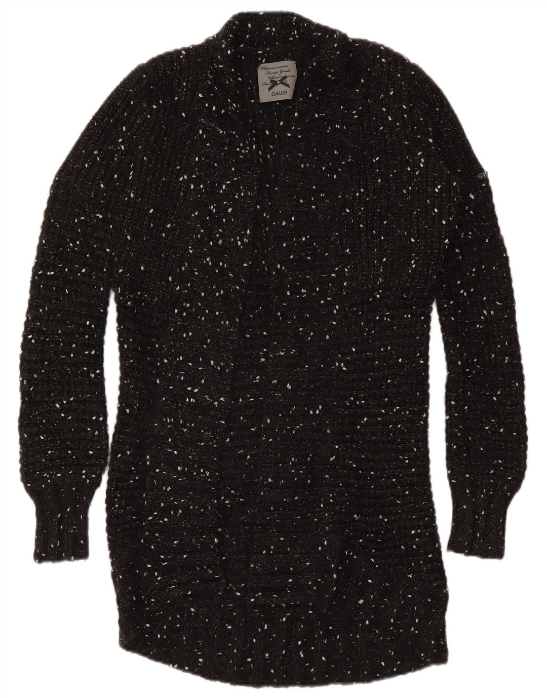Gaudi Damen Longline Open Cardigan Pullover UK 10 Small Schwarz geflecktes Nylon