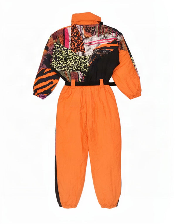 Vintage-Skioverall für Mädchen mit grafischer Kapuze, 11–12 Jahre, orangefarbenes Farbblockdesign