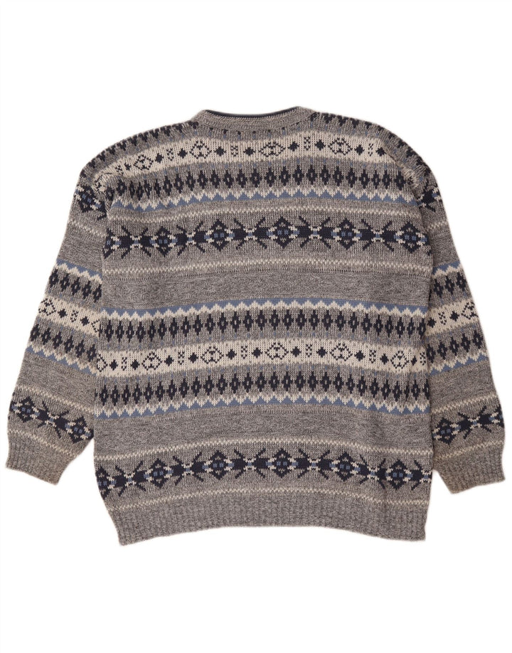 Vintage Herren Pullover mit Rundhalsausschnitt, groß, Grau, Fair Isle