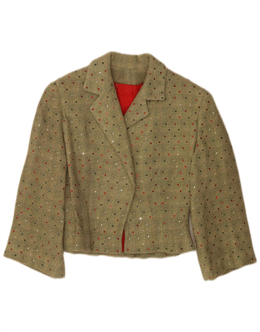 Vintage Damen Crop 3/4 Ärmel Blazer Jacke UK 12 Mittelgrün gefleckt