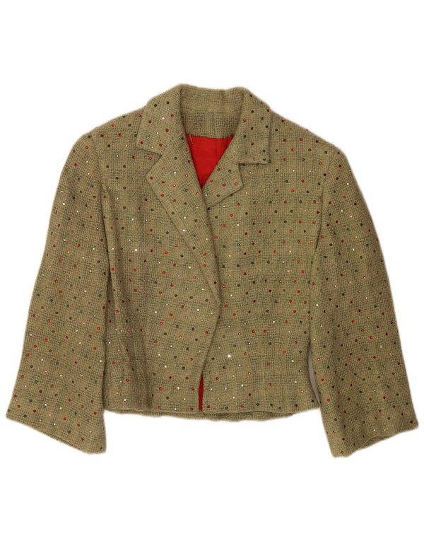 Vintage Damen Crop 3/4 Ärmel Blazer Jacke UK 12 Mittelgrün gefleckt
