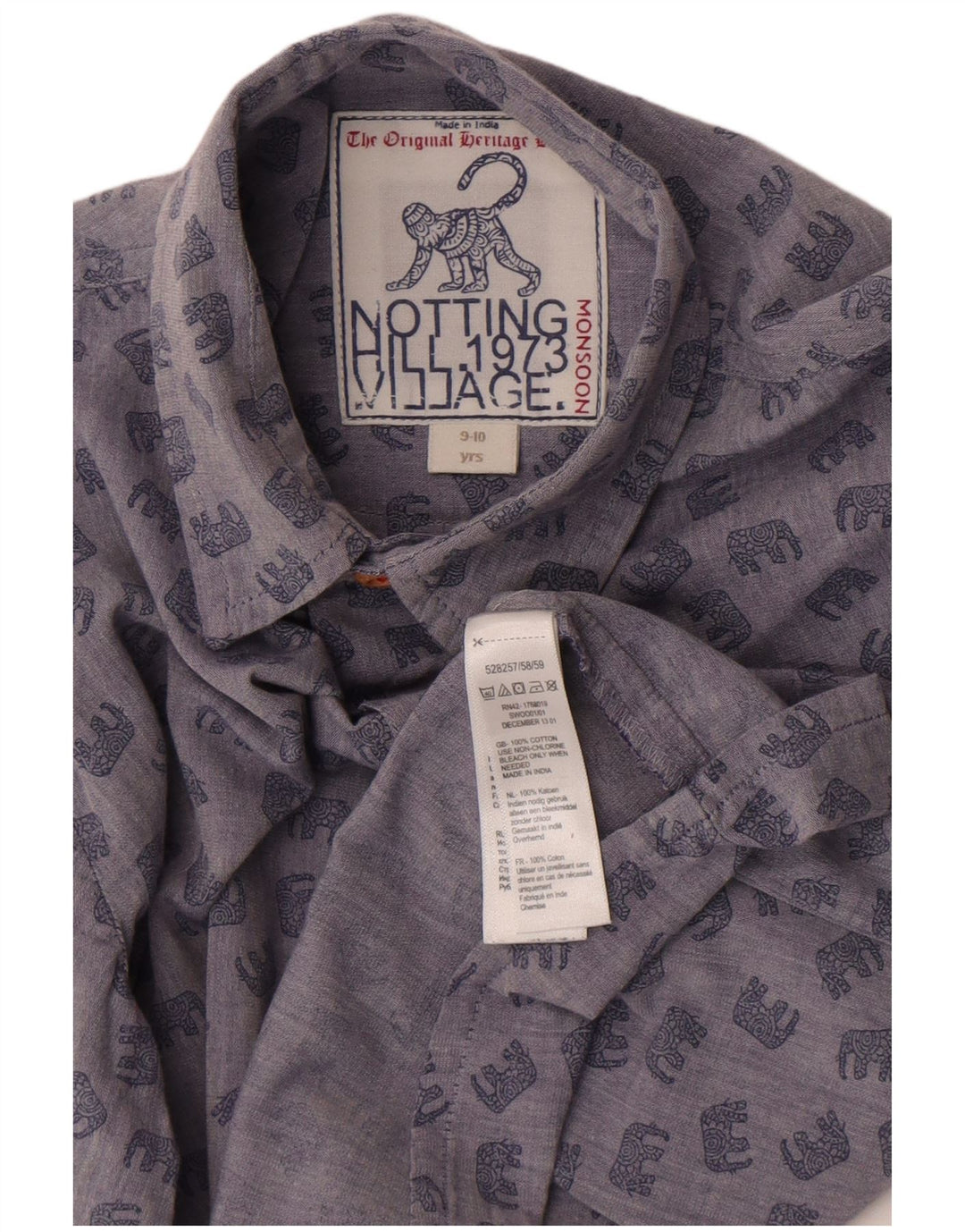 Monsoon-Hemd für Jungen, 9–10 Jahre, aus blauer Baumwolle mit Animal-Print
