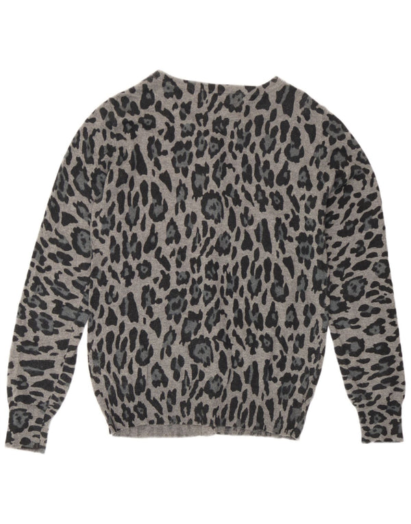 Zara Damen-Cardigan-Pullover UK 12 Mittelgraue Baumwolle mit Animal-Print
