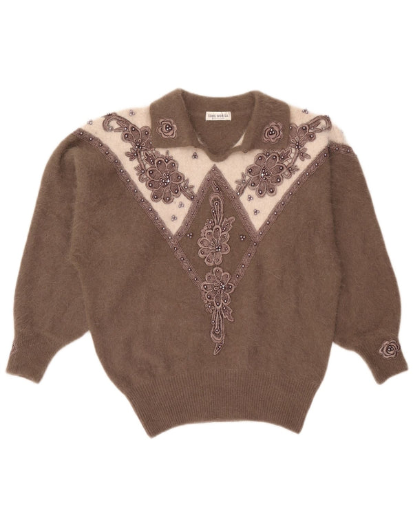 Vintage Damen Rollkragenpullover Pullover UK 16 Large Brown Colourblock