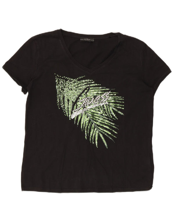 Guess Damen Grafik-T-Shirt-Oberteil UK 18 XL Schwarz Baumwolle